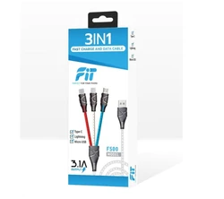 כבל טעינה 3 ב-1 (מתאים למכשירי טייפ-סי, אייפון, ומיקרו) דגם F500 חברת FiT